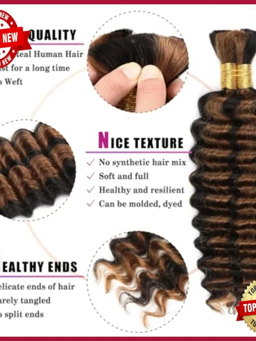 22 Inch Deep Wave Human Hair Extensions for Boho Braids 100g Bundle